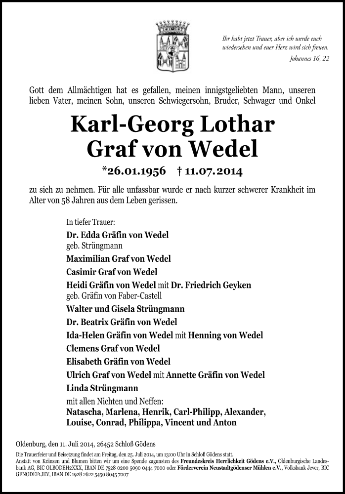  Traueranzeige für Karl-Georg Lothar Graf von Wedel vom 17.07.2014 aus Süddeutsche Zeitung