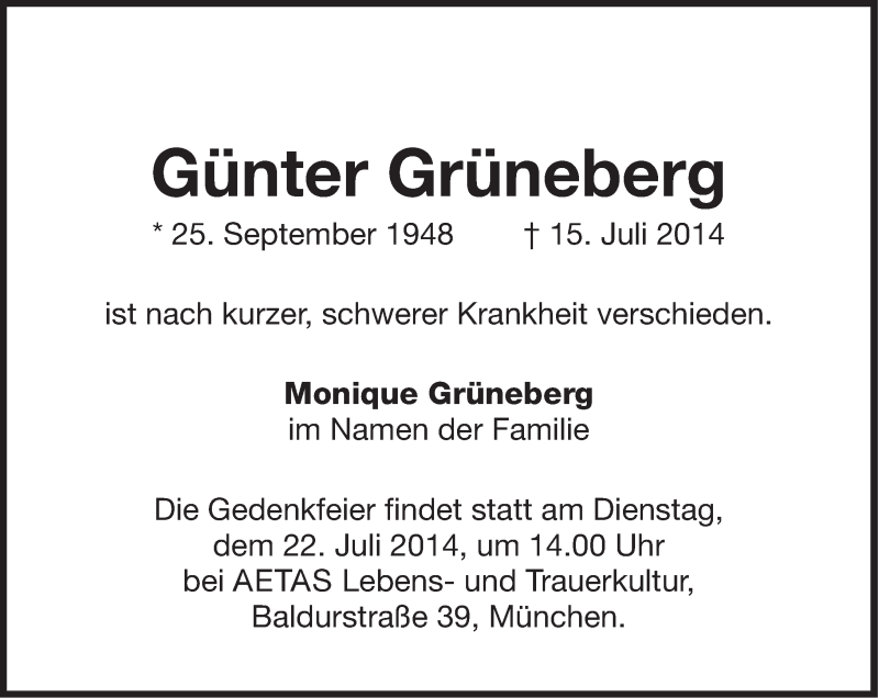  Traueranzeige für Günter Grüneberg vom 19.07.2014 aus Süddeutsche Zeitung