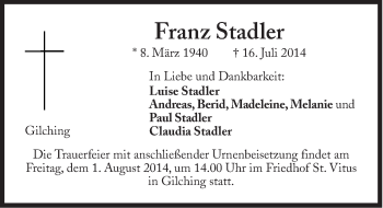 Traueranzeige von Franz Stadler von Süddeutsche Zeitung