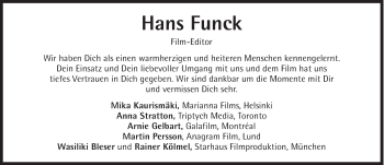 Traueranzeige von Hans Funck von Süddeutsche Zeitung