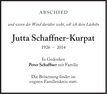 Traueranzeige von Jutta Schaffner-Kurpat von Süddeutsche Zeitung