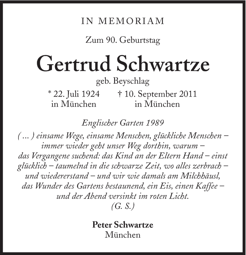  Traueranzeige für Gertrud Schwartze vom 22.07.2014 aus Süddeutsche Zeitung