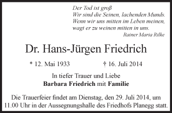 Traueranzeige von Hans-Jürgen Friedrich von Süddeutsche Zeitung