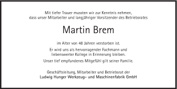 Traueranzeige von Martin Brem von Süddeutsche Zeitung