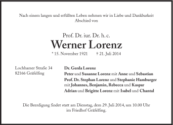 Traueranzeige von Werner Lorenz von Süddeutsche Zeitung