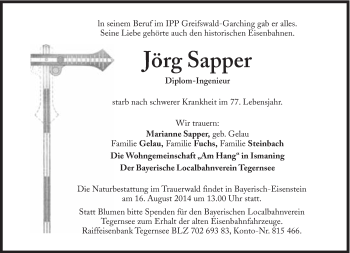 Traueranzeige von Jörg Sapper  von Süddeutsche Zeitung