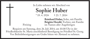 Traueranzeige von Sophie  Huber von Süddeutsche Zeitung