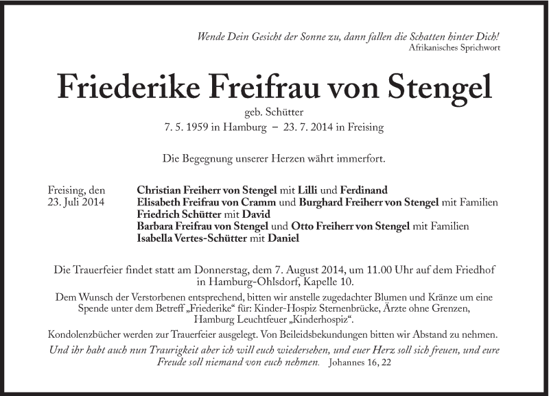  Traueranzeige für Friederike Freifrau von Stengel vom 26.07.2014 aus Süddeutsche Zeitung