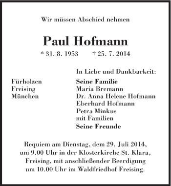 Traueranzeige von Paul Hofmann von Süddeutsche Zeitung