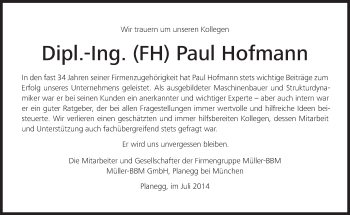 Traueranzeige von Paul Hofmann von Süddeutsche Zeitung