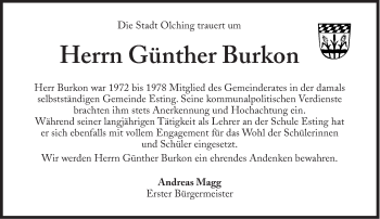 Traueranzeige von Günther Burkon von Süddeutsche Zeitung