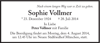 Traueranzeige von Sophie Vollmer von Süddeutsche Zeitung