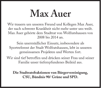 Traueranzeige von Max Auer von Süddeutsche Zeitung