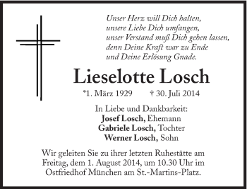 Traueranzeige von Lieselotte Losch von Süddeutsche Zeitung