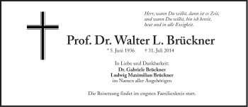 Traueranzeige von Prof. Dr. Walter L. Brückner von Süddeutsche Zeitung