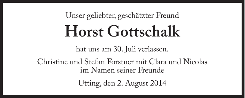  Traueranzeige für Horst Gottschalk vom 02.08.2014 aus Süddeutsche Zeitung