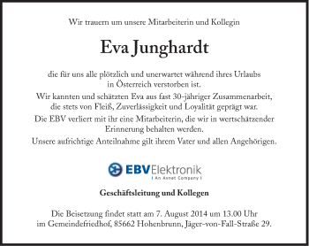 Traueranzeige von Eva Junghardt von Süddeutsche Zeitung