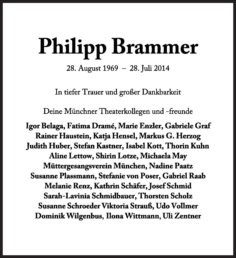  Traueranzeige für Philipp Brammer  vom 06.08.2014 aus Süddeutsche Zeitung