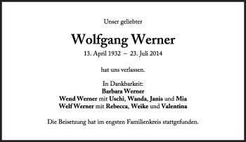 Traueranzeige von Werner  Wolfgang von Süddeutsche Zeitung