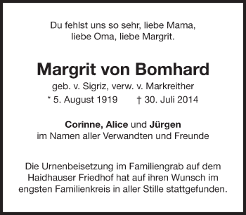 Traueranzeige von Margrit von Bomhard von Süddeutsche Zeitung