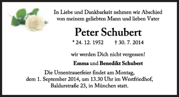 Traueranzeige von Peter Schubert von Süddeutsche Zeitung