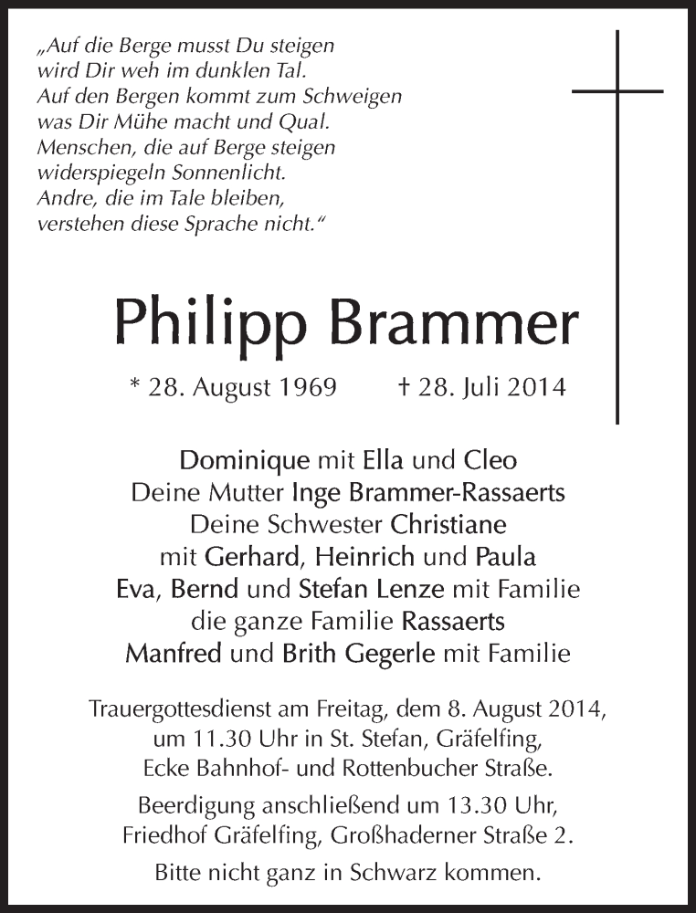  Traueranzeige für Philipp Brammer  vom 06.08.2014 aus Süddeutsche Zeitung