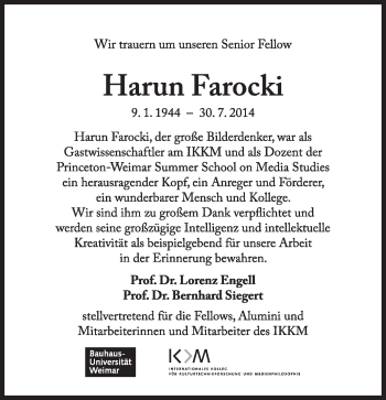 Traueranzeige von Harun  Farocki von Süddeutsche Zeitung