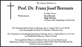 Traueranzeige von Franz Josef Brenneis von Süddeutsche Zeitung