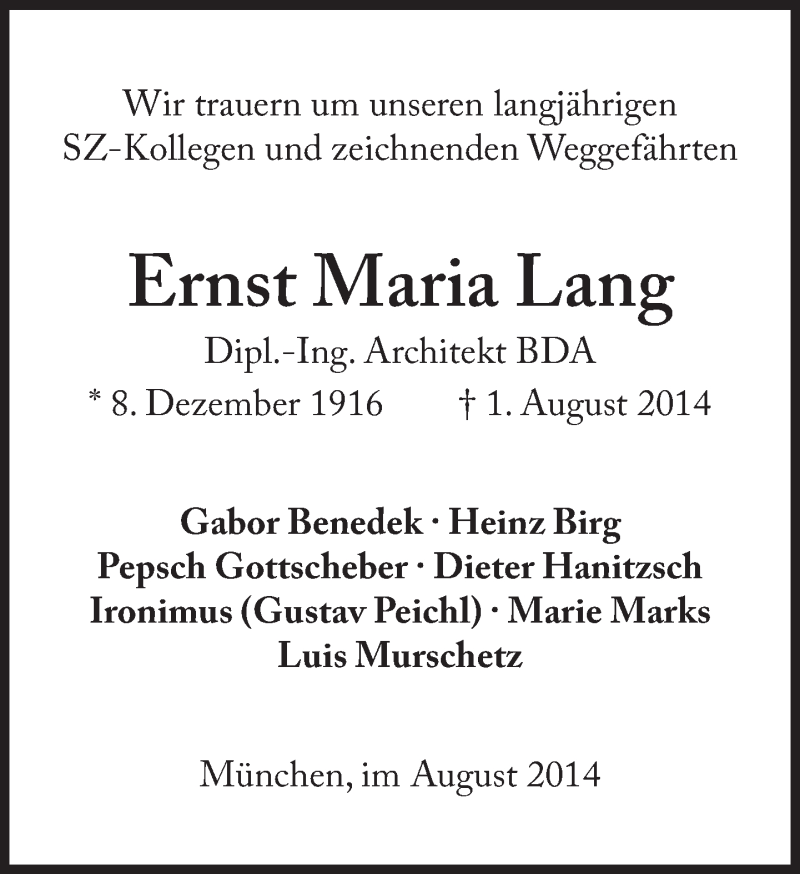  Traueranzeige für Ernst Maria  Lang vom 09.08.2014 aus Süddeutsche Zeitung