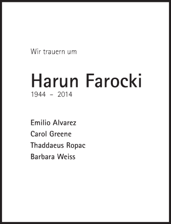 Traueranzeige von Harun  Farocki von Süddeutsche Zeitung
