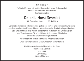 Traueranzeige von Horst Schmidt von Süddeutsche Zeitung
