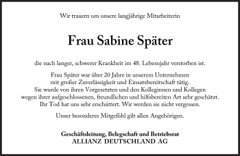 Traueranzeige von Sabine Später von Süddeutsche Zeitung