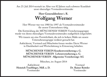 Traueranzeige von Werner  Wolfgang von Süddeutsche Zeitung