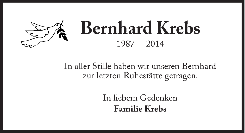  Traueranzeige für Bernhard Krebs  vom 09.08.2014 aus Süddeutsche Zeitung