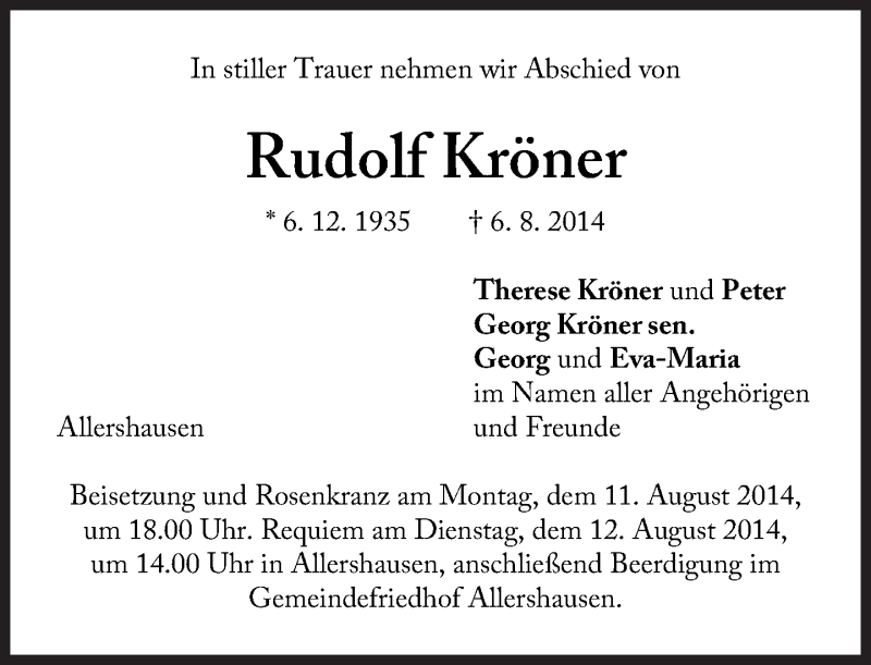  Traueranzeige für Rudolf Kröner vom 08.08.2014 aus Süddeutsche Zeitung