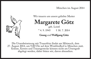 Traueranzeige von Margarete Götz von Süddeutsche Zeitung