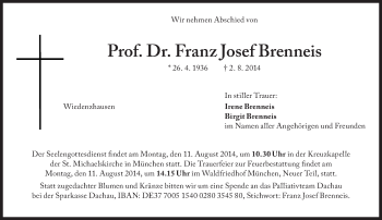 Traueranzeige von Franz Josef Brenneis von Süddeutsche Zeitung