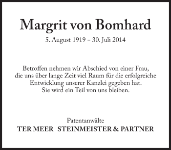 Traueranzeige von Margrit von Bomhard von Süddeutsche Zeitung