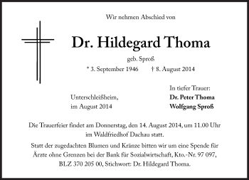 Traueranzeige von Hildegard Thoma von Süddeutsche Zeitung