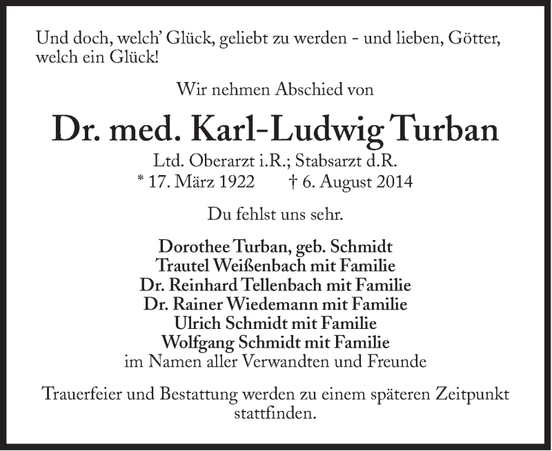  Traueranzeige für Karl-Ludwig Turban vom 12.08.2014 aus Süddeutsche Zeitung