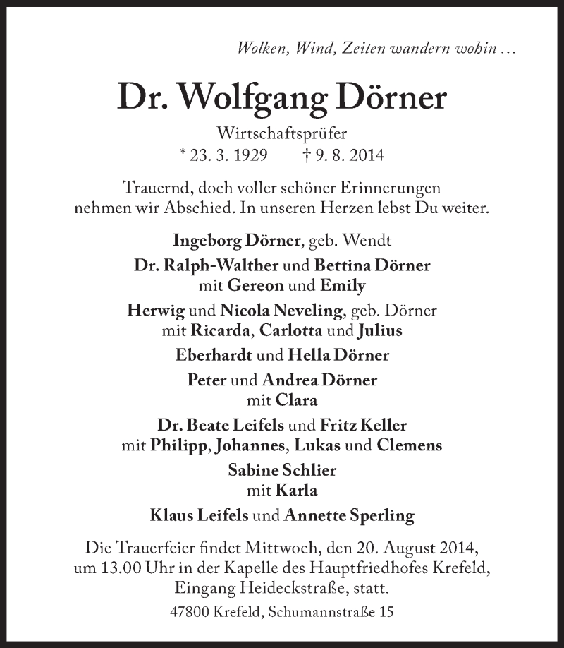  Traueranzeige für Wolfgang Dörner vom 16.08.2014 aus Süddeutsche Zeitung