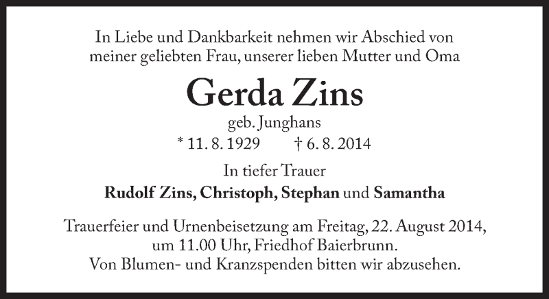  Traueranzeige für Gerda Zins vom 19.08.2014 aus Süddeutsche Zeitung