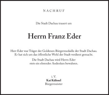 Traueranzeige von Franz Eder von Süddeutsche Zeitung