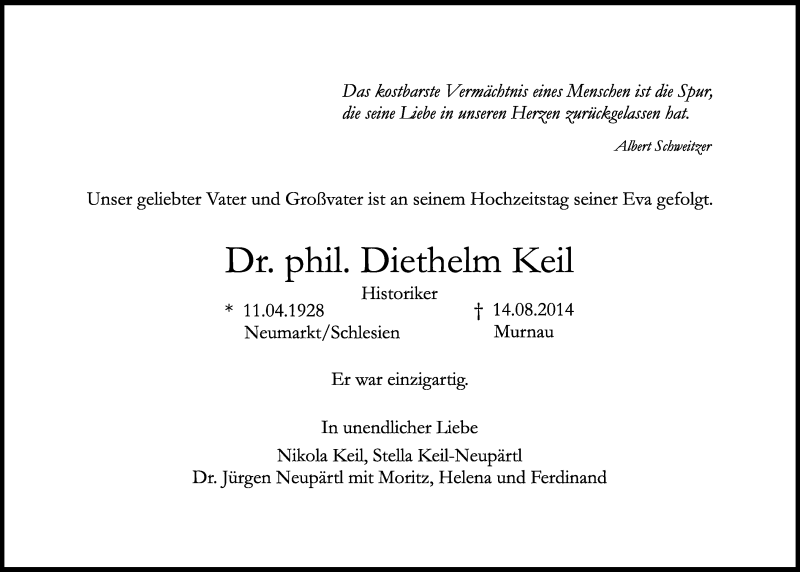  Traueranzeige für Dr. phil. Diethelm Keil vom 23.08.2014 aus Süddeutsche Zeitung