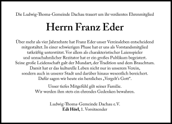 Traueranzeige von Franz Eder von Süddeutsche Zeitung