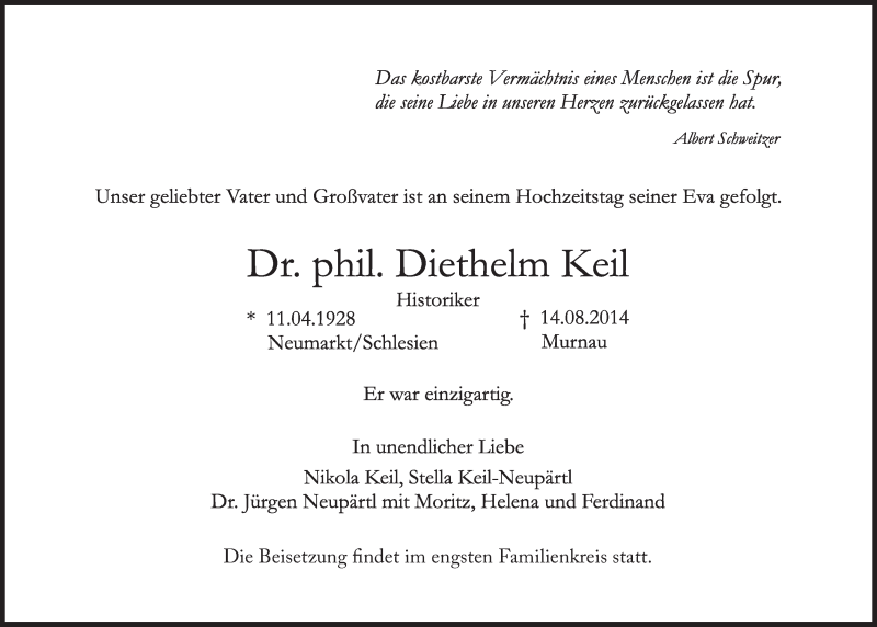  Traueranzeige für Dr. phil. Diethelm Keil vom 23.08.2014 aus Süddeutsche Zeitung