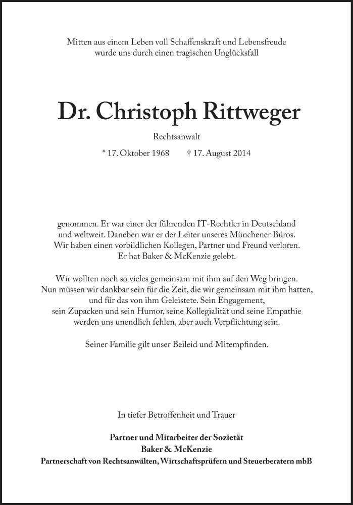  Traueranzeige für Christoph Rittweger vom 22.08.2014 aus Süddeutsche Zeitung