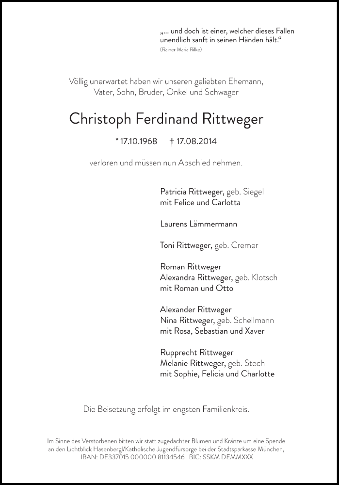  Traueranzeige für Christoph Ferdinand Rittweger vom 22.08.2014 aus Süddeutsche Zeitung
