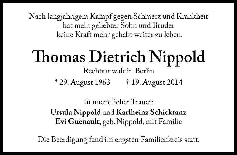  Traueranzeige für Thomas Dietrich Nippold vom 30.08.2014 aus Süddeutsche Zeitung
