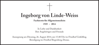 Traueranzeige von Ingeborg von Linde-Weiss von Süddeutsche Zeitung